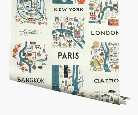 City Maps Wallpaper - Blue & Red - Peel and Stick Wallpaper