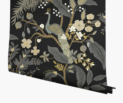 Peacock Wallpaper - Black - Peel and Stick Wallpaper