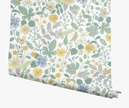 Strawberry Fields Wallpaper - Blue & Green - Peel and Stick Wallpaper