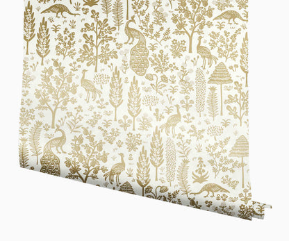 Menagerie Toile Wallpaper - White & Metallic Gold - Peel and Stick Wallpaper