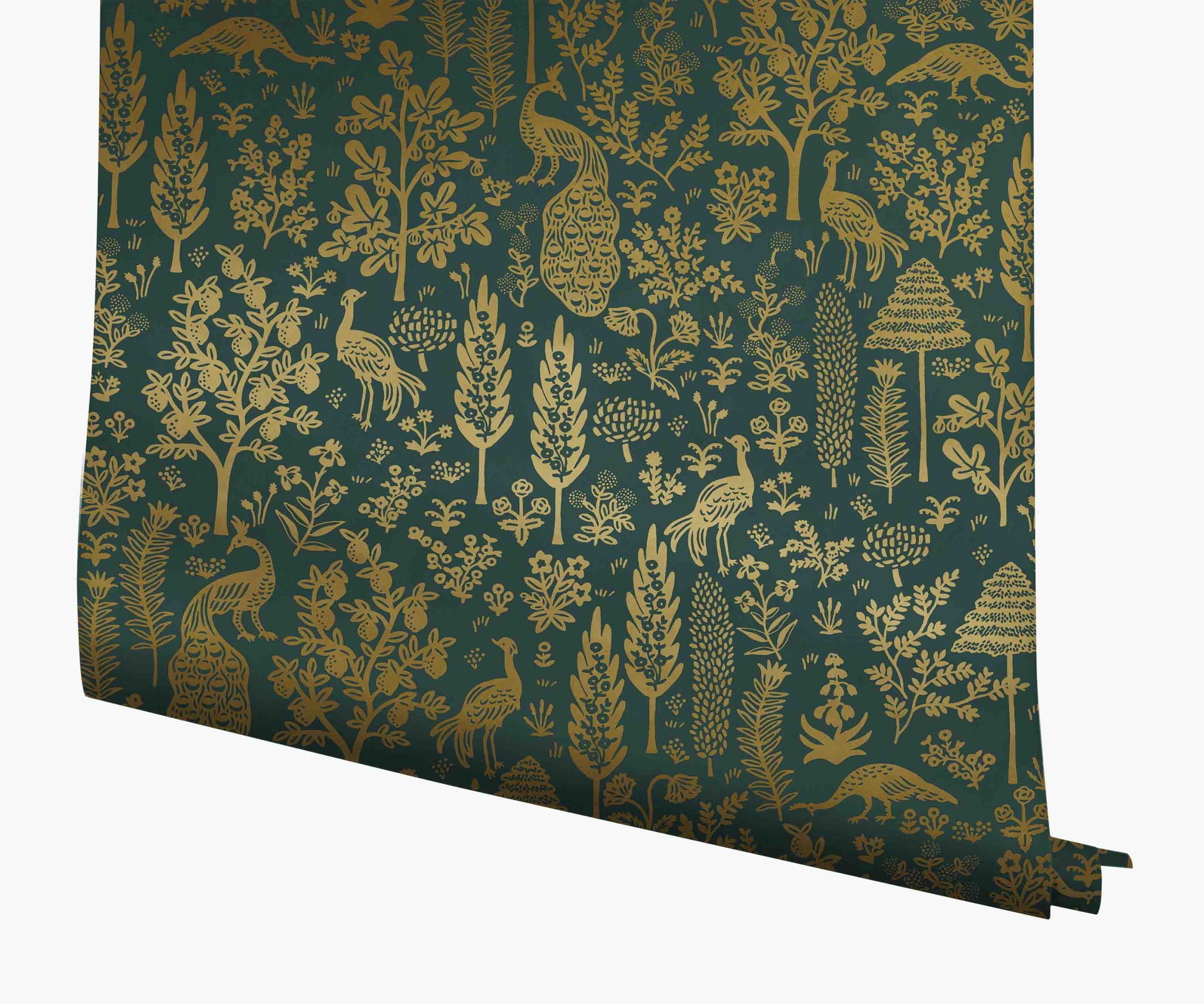 Menagerie Toile Wallpaper - Emerald & Metallic Gold - Peel and Stick Wallpaper