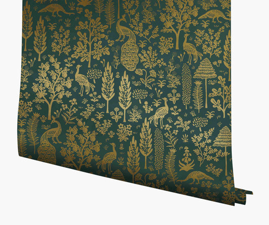 Menagerie Toile Wallpaper - Emerald & Metallic Gold - Peel and Stick Wallpaper