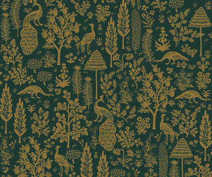 Menagerie Toile Wallpaper - Emerald & Metallic Gold