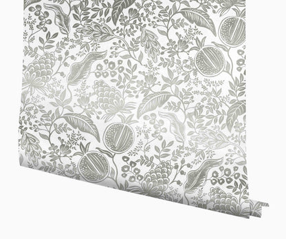 Pomegranate Wallpaper - White & Metallic Silver - Peel and Stick Wallpaper