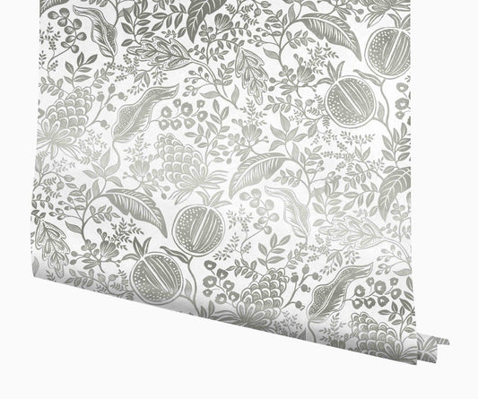 Pomegranate Wallpaper - White & Metallic Silver - Peel and Stick Wallpaper