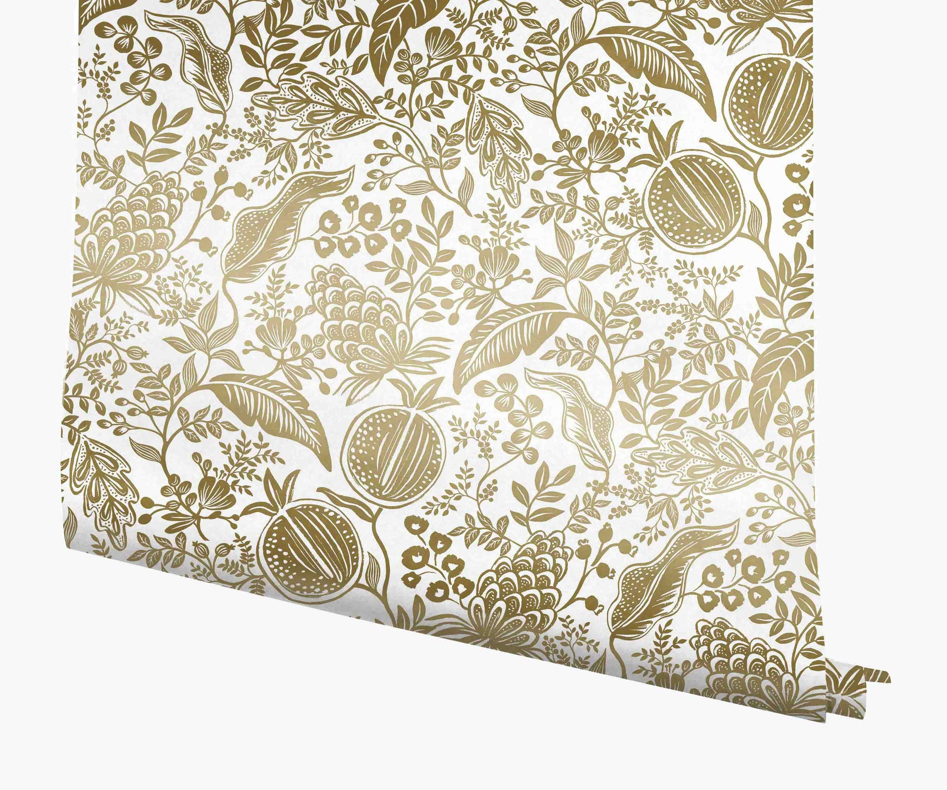 Pomegranate Wallpaper - White & Metallic Gold - Peel and Stick Wallpaper