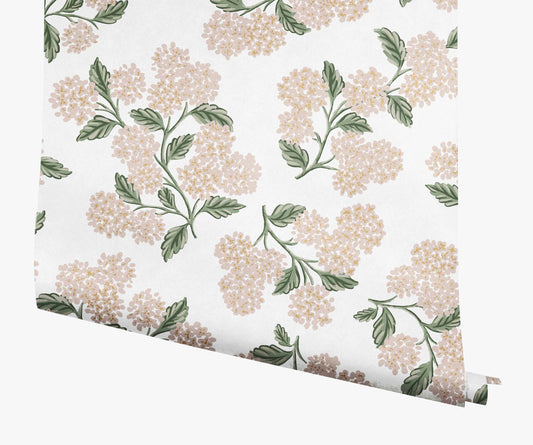 Hydrangea Wallpaper - White & Blush - Peel and Stick Wallpaper