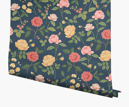 Roses Wallpaper - Navy - Peel and Stick Wallpaper