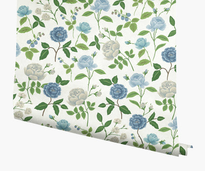 Roses Wallpaper - White & Blue - Peel and Stick Wallpaper