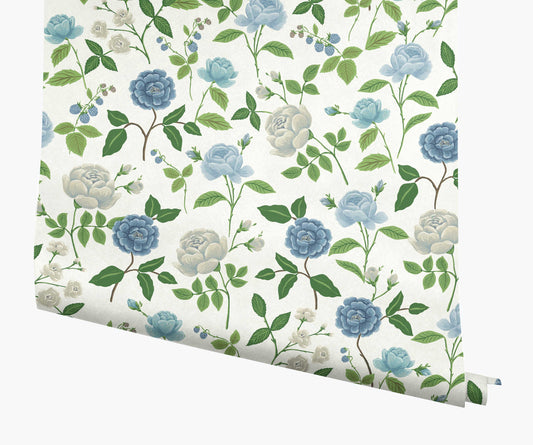 Roses Wallpaper - White & Blue - Peel and Stick Wallpaper