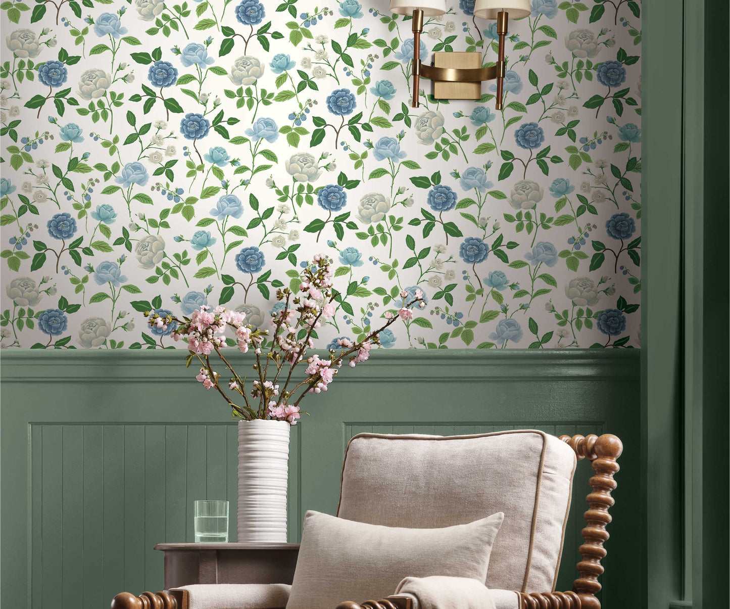 Roses Wallpaper Sample - White & Blue