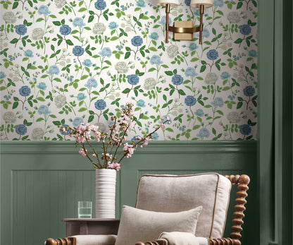 Roses Wallpaper Sample - White & Blue