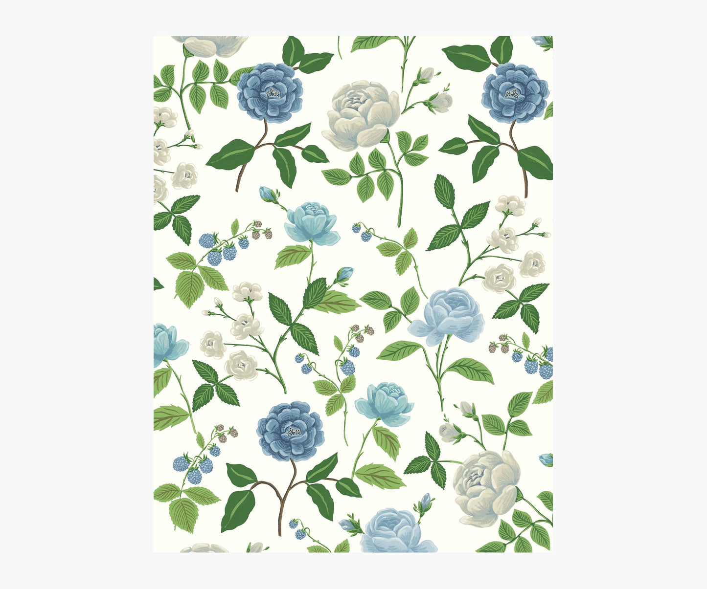 Roses Wallpaper Sample - White & Blue - Peel and Stick Wallpaper