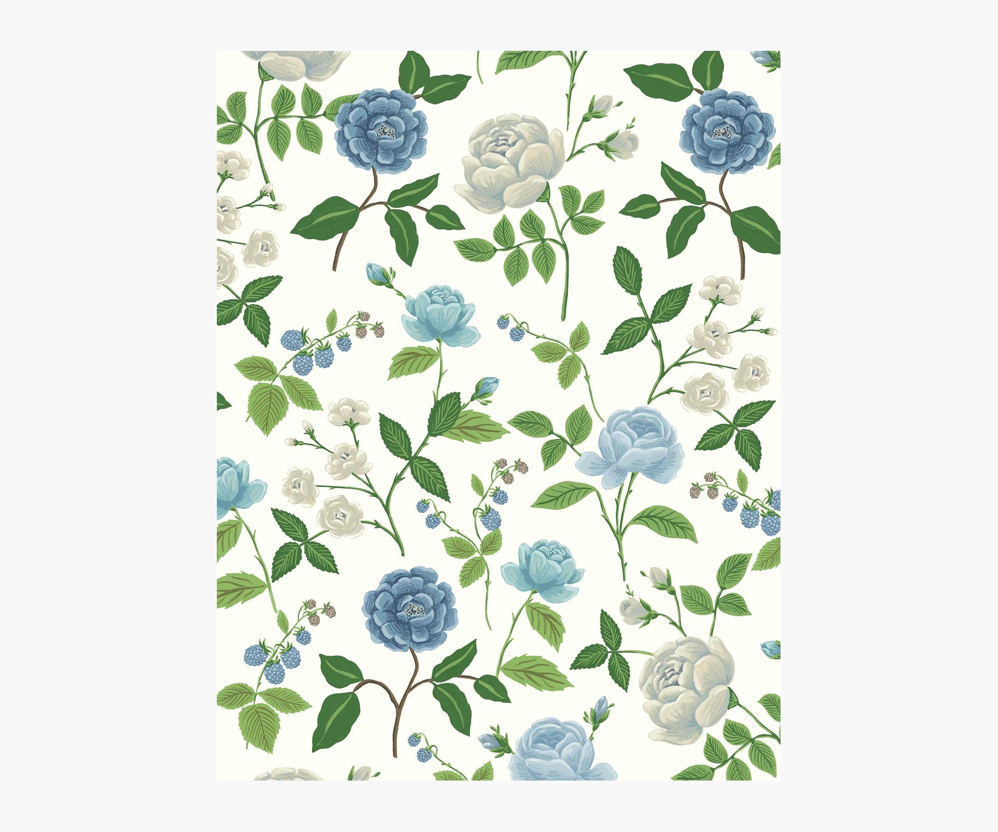 Roses Wallpaper Sample - White & Blue - Peel and Stick Wallpaper
