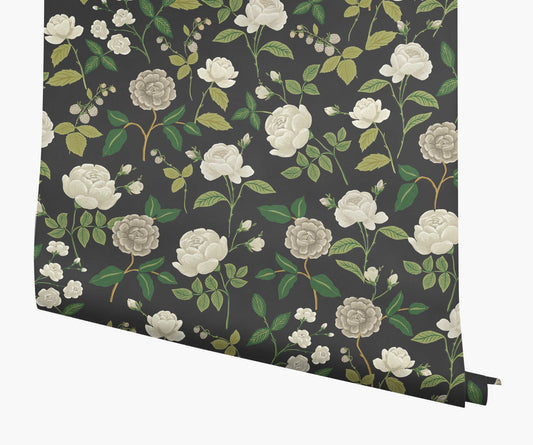 Roses Wallpaper - Black - Peel and Stick Wallpaper