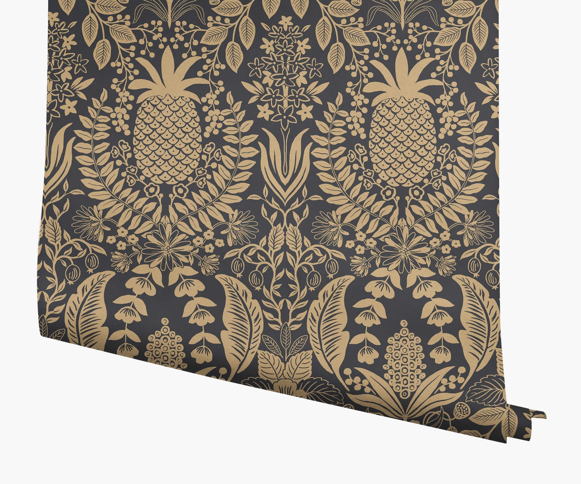 Pineapple Damask Wallpaper - Black & Gold - Peel and Stick Wallpaper