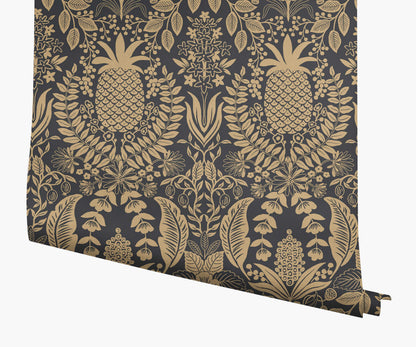 Pineapple Damask Wallpaper - Black & Gold - Peel and Stick Wallpaper