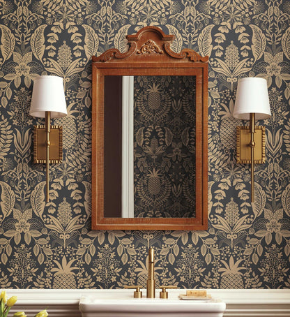 Pineapple Damask Wallpaper - Black & Gold