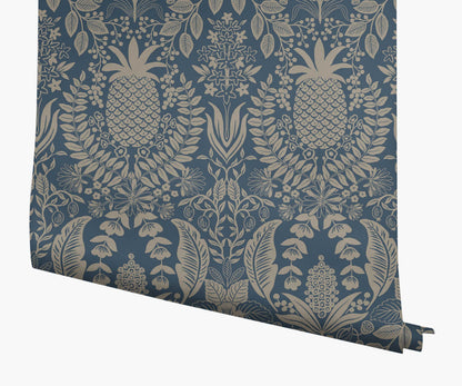Pineapple Damask Wallpaper - Navy - Peel and Stick Wallpaper