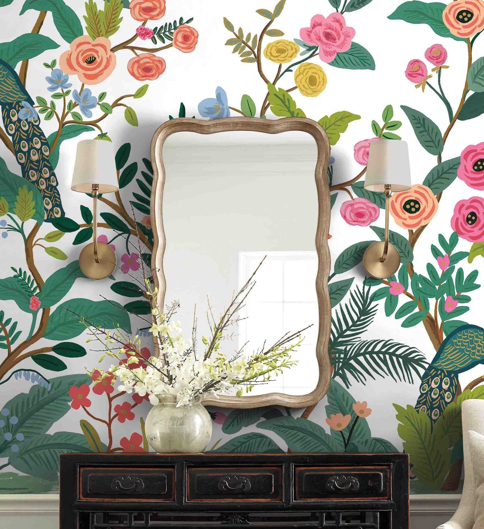 Peacock Wallpaper Mural - White